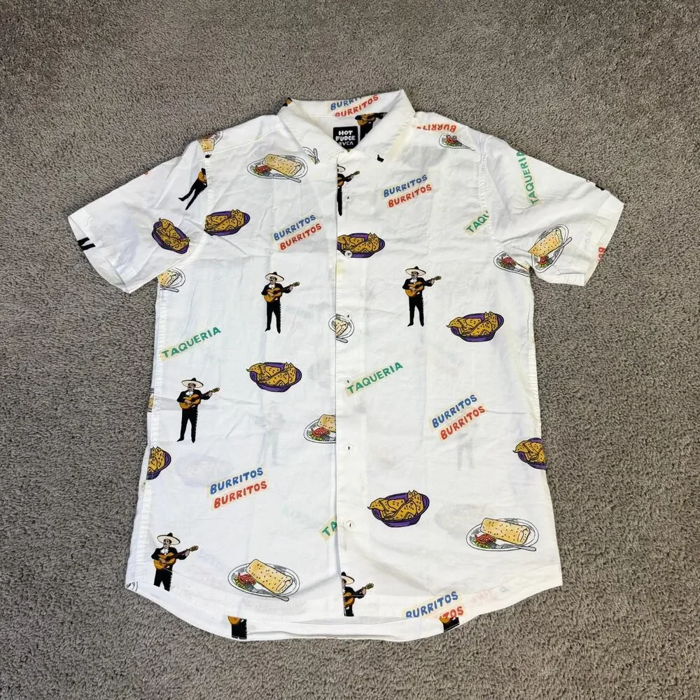 RVCA Hot Fudge Shirt Mens Large White Burritos Taqueria Short Sleeve Button Up - Picture 1 of 13